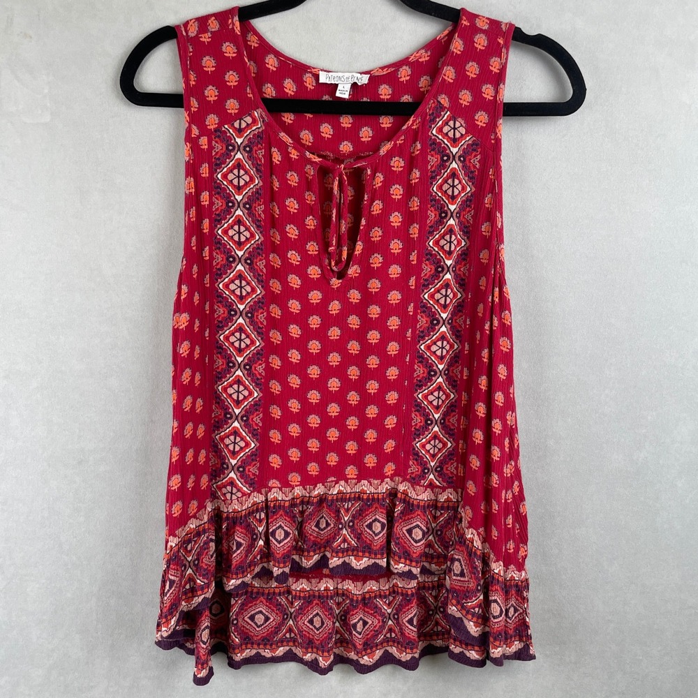 Patrons of Peace Red Boho Geometric Print Ruffle High Low Hip Gypsy‎ Tank Top L